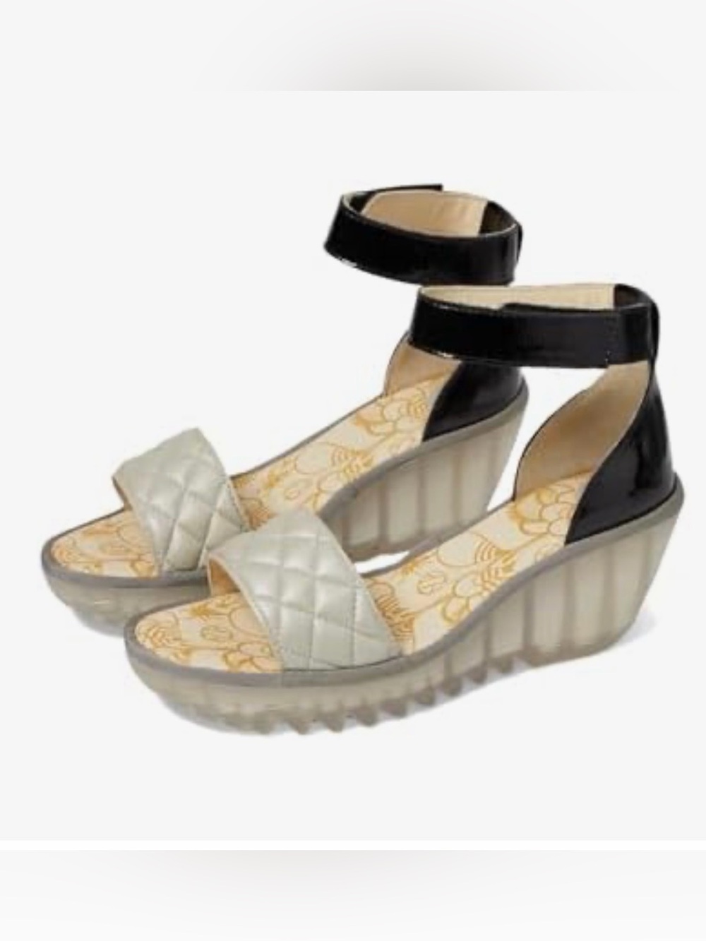 Fly London Yaru Silver Quilted Front and Black Ankle-Strap Wedge Sandals
